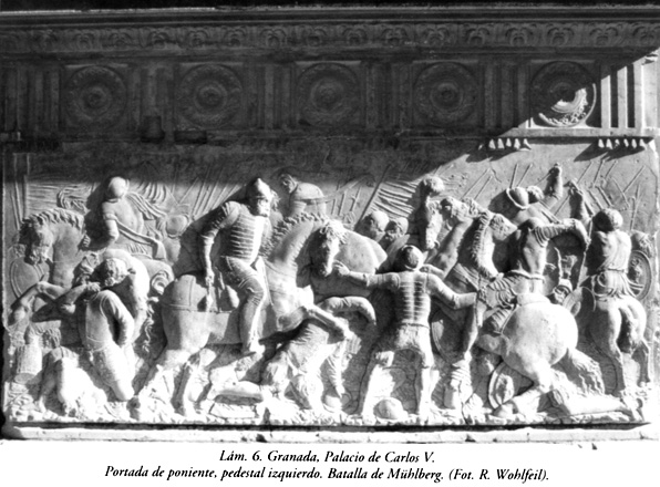 Lám. 6, Granada, Palacio de Carlos V: Portada de poniente, pedestal izquierdo. Batalla de Mühlberg