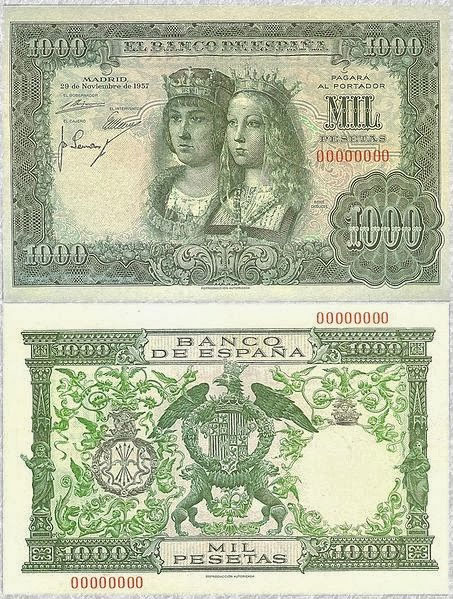 billete de 1000 pesetas, España, 1957: Reyes Católicos