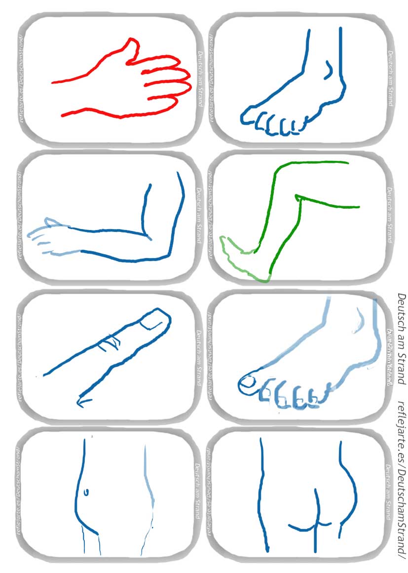 Der Körper · Memorykarten in Genusfarbe · Hand, Fuss, Arm, Bein, Finger, Zeh, Bauch, Po · reflejarte.es/DeutschamStrand