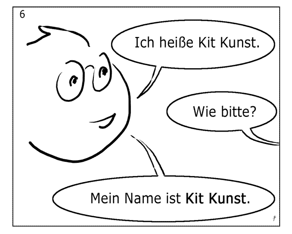 WELT-REISEN-L03-6 · Ich heiße Kit Kunst. - Wie bitte? - Mein Name ist Kit Kunst. · Me llamo Kit Kunst. - ¿Cómo dice? - Mi nombre es Kit Kunst. · My name Ist Kit Kunst.- Pardon? - My name is Kit Kunst.