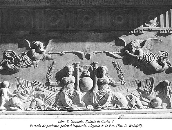 Lám. 8, Granada, Palacio de Carlos V: Portada de poniente, pedestal izquierdo. Alegoría de la Paz.