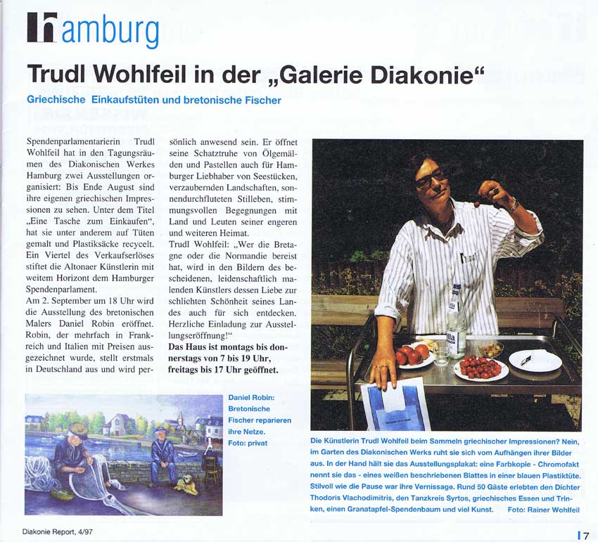 Rezension der Ausstellung von Trudl Wohlfeil "Eine Tasche zum EInkaufen", Hamburg 1997, in DiakonieReport 4/97
