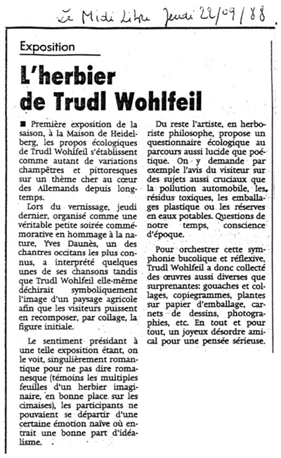 Rezension der Ausstellung im Midi Libre (22/09/1988)