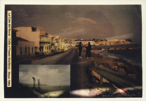 Postkarte zur Ausstellung "11 Jahre Fotodokumentation des Strandes von La Cala del Moral (Málaga)" : Der 'Paseo Marítimo' im Mai 1990 nach den Stürmen (im kleinen Bild: Sturmschäden 2001 an der Strandpromenade)