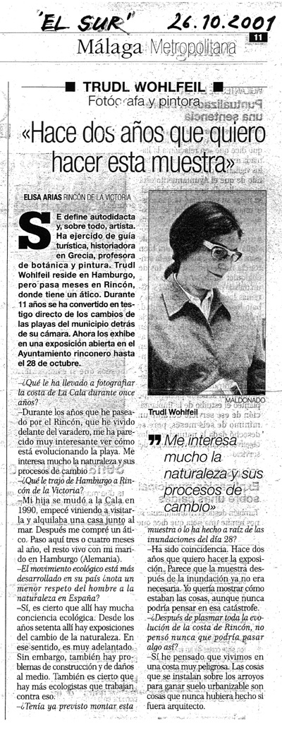 Interview mit der Künstlerin in der  Zeitung SUR (Málaga/Spanien, 26.10.2001) 