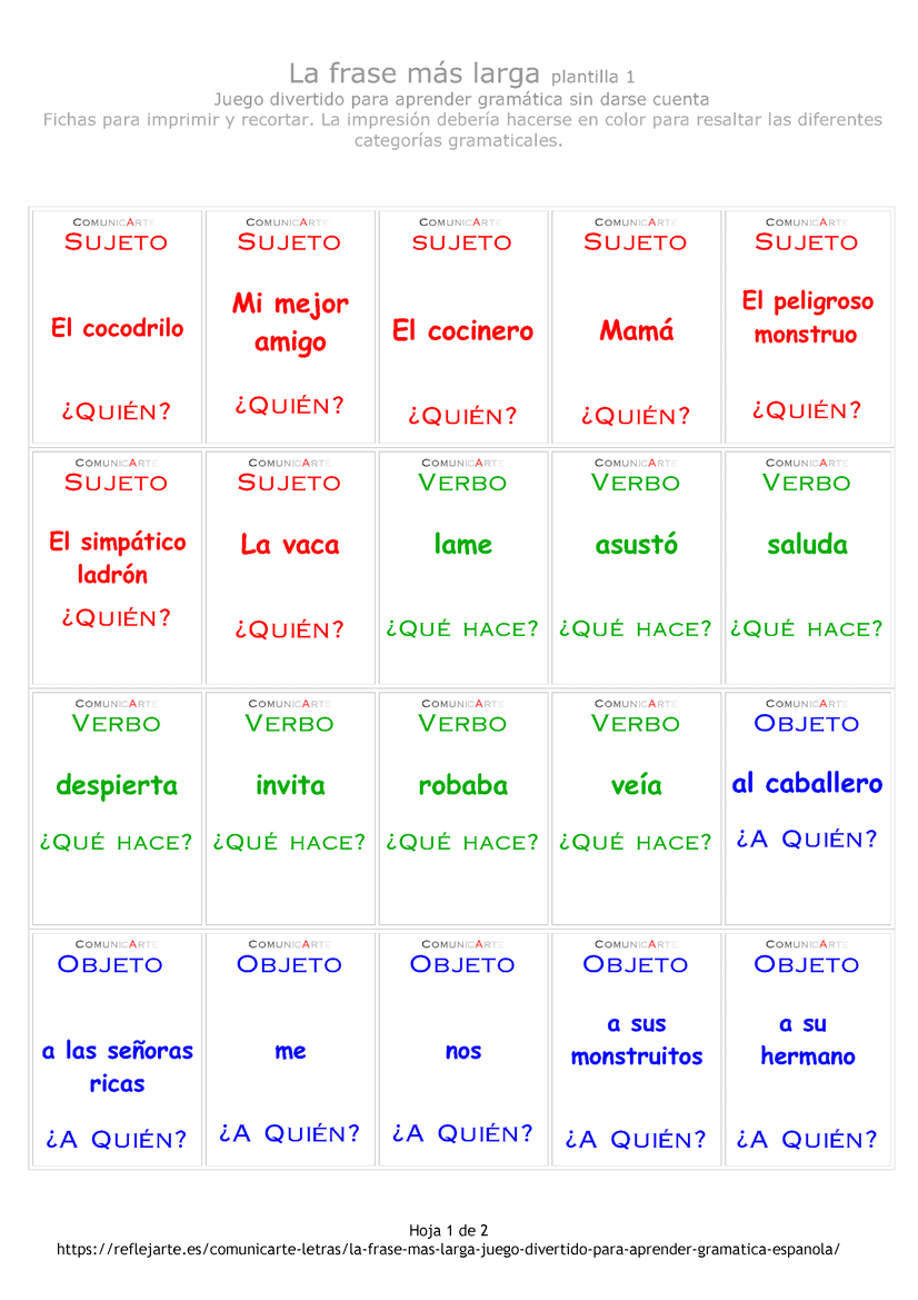 Juego de gramática española "La frase más larga" ficha 1, de reflejarte.es/comunicarte